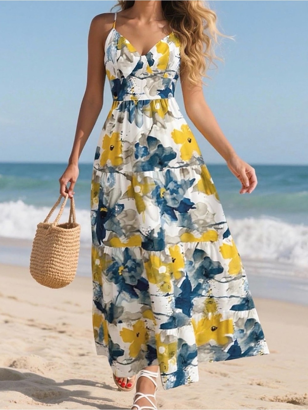 Floral Spaghetti-Strap Maxi Dress in Yellow & Blue